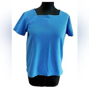 Josephine Chaus Box Neck Blue Tshirt, women’s petite‎ medium cotton poly stretch